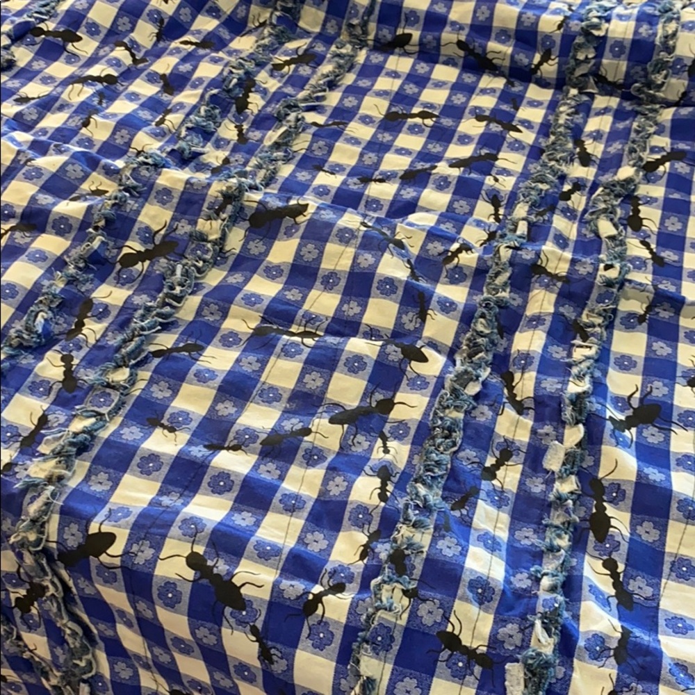 Handmade picnic quilt blue checked with ants